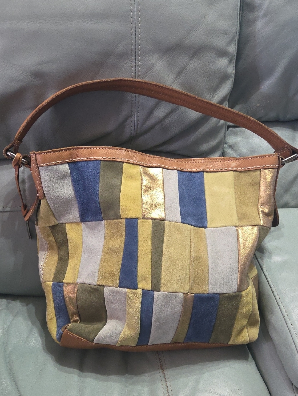 Patchwork Stripe Shoulder Bag in Blue, Green, Gold & Gray - Suede By Fossil - Picture 2 of 8